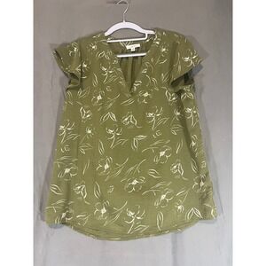 Como Blu Olive Green Floral Print Flutter Sleeve V Neck Tunic Top Women's Medium